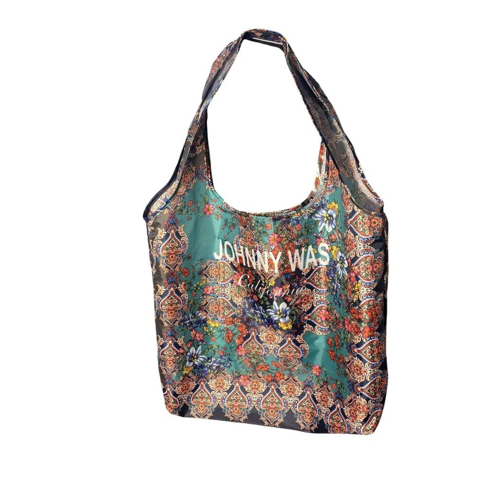 Johnny Was Reusable Foldable Floral Paisley Tote Bag Blue Multicolor Polyester